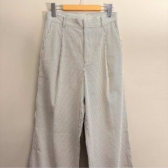 Navy Striped Cream Seersucker Wide Leg Tailored Trousers with Pleats - Picture 2 of 16